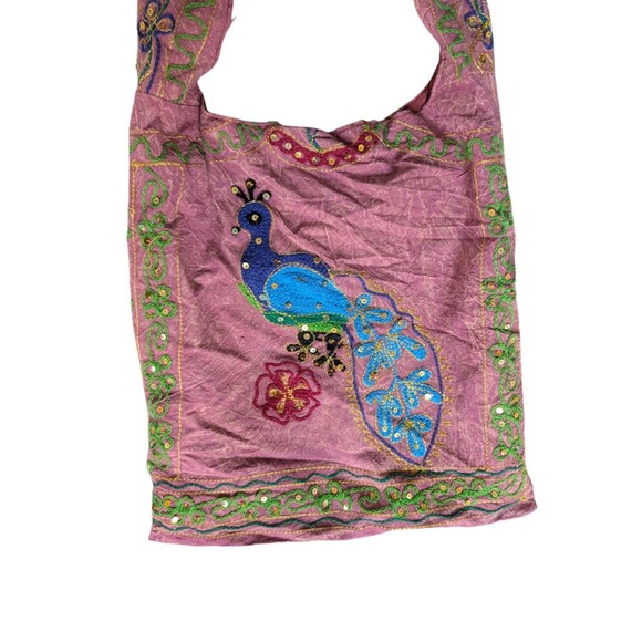 READ Boho Embroidered Peacock Crossbody Bag Red Floral Sequin Hippie Purse - Picture 5 of 10